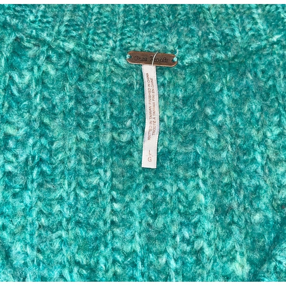 Free People Women's Knit Sweater Blue Bell V Neck Teal Large Oversized Chunky - Picture 3 of 7